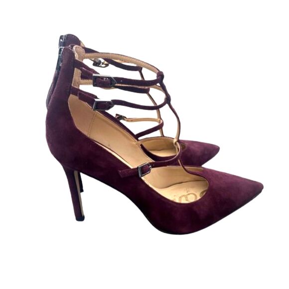 Sam Edelman Hayes T-Strap Stiletto Heels Plum Purple Suede‎ Chic Size 7 - Picture 2 of 7